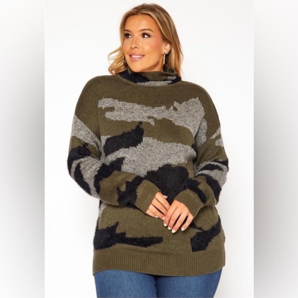 1X 2X 3X OLIVE PLUS SIZE TURTLE NECK CAMO SWEATER